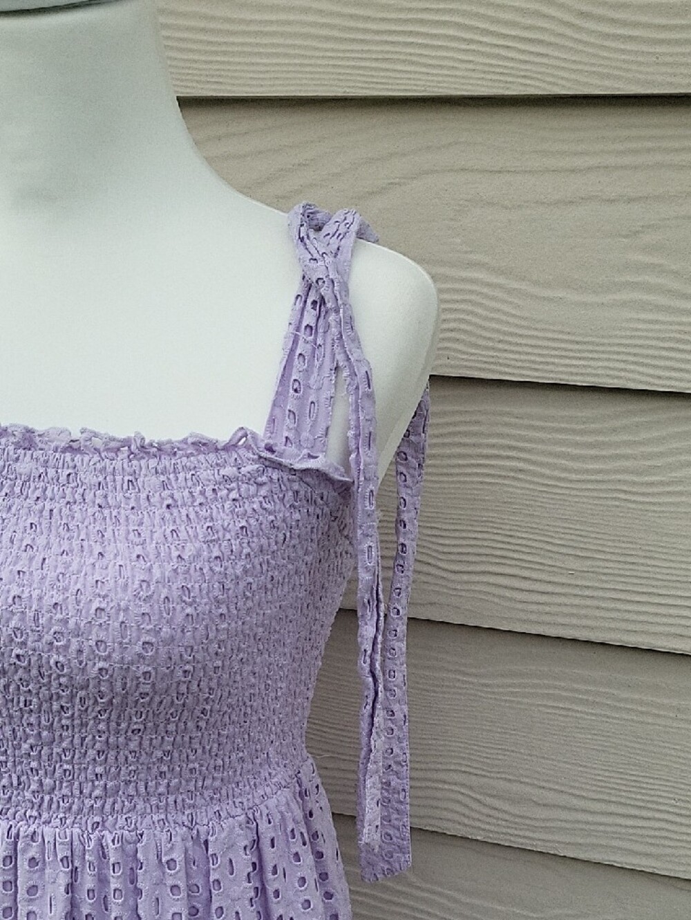 Koko & Mason Lavender Eyelet Maxi Dress Smocked Tie Straps Women's Size Small - Picture 5 of 13